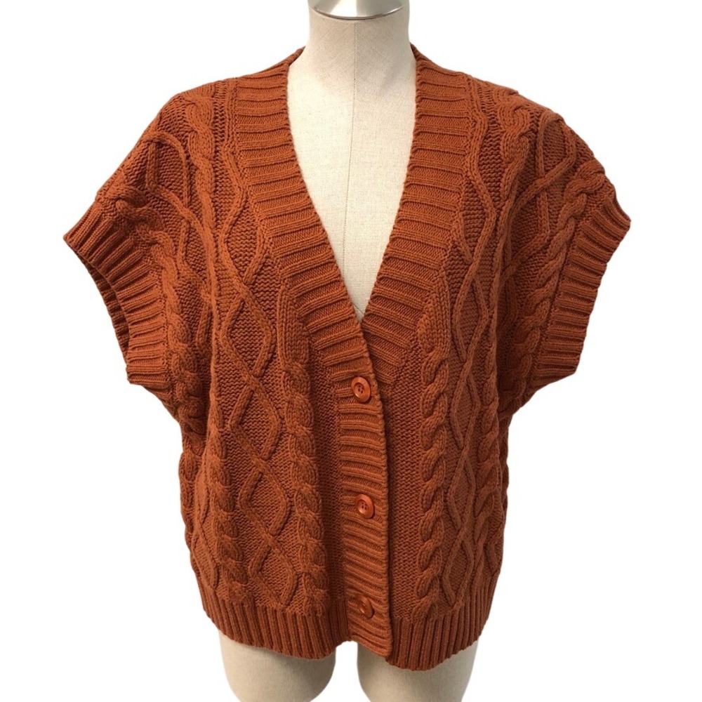 Jamison Sweater Vest Womens Medium Rust Orange Cable Knit Button V-Neck Boxy